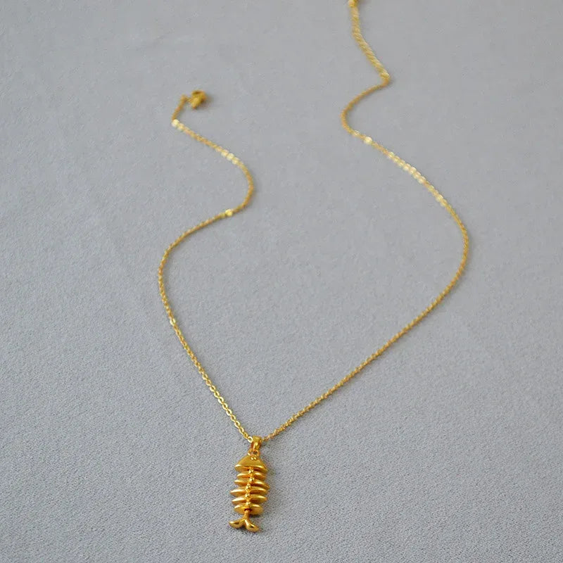 Vintage Brass Gold Plated Fishbone Necklace - Viexta