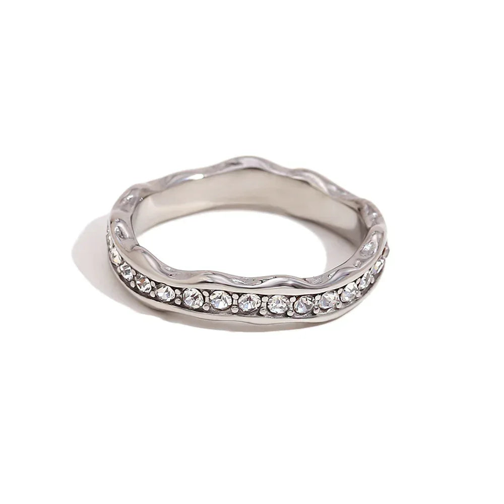 Stainless Steel Gold Plating Wave Diamond Ring - Viexta