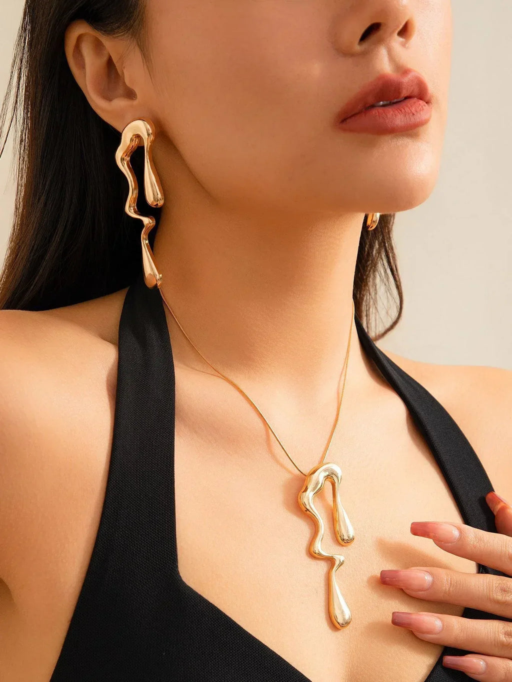 Liquid Metallic Irregular Water Drop Necklace/Earrings - Viexta