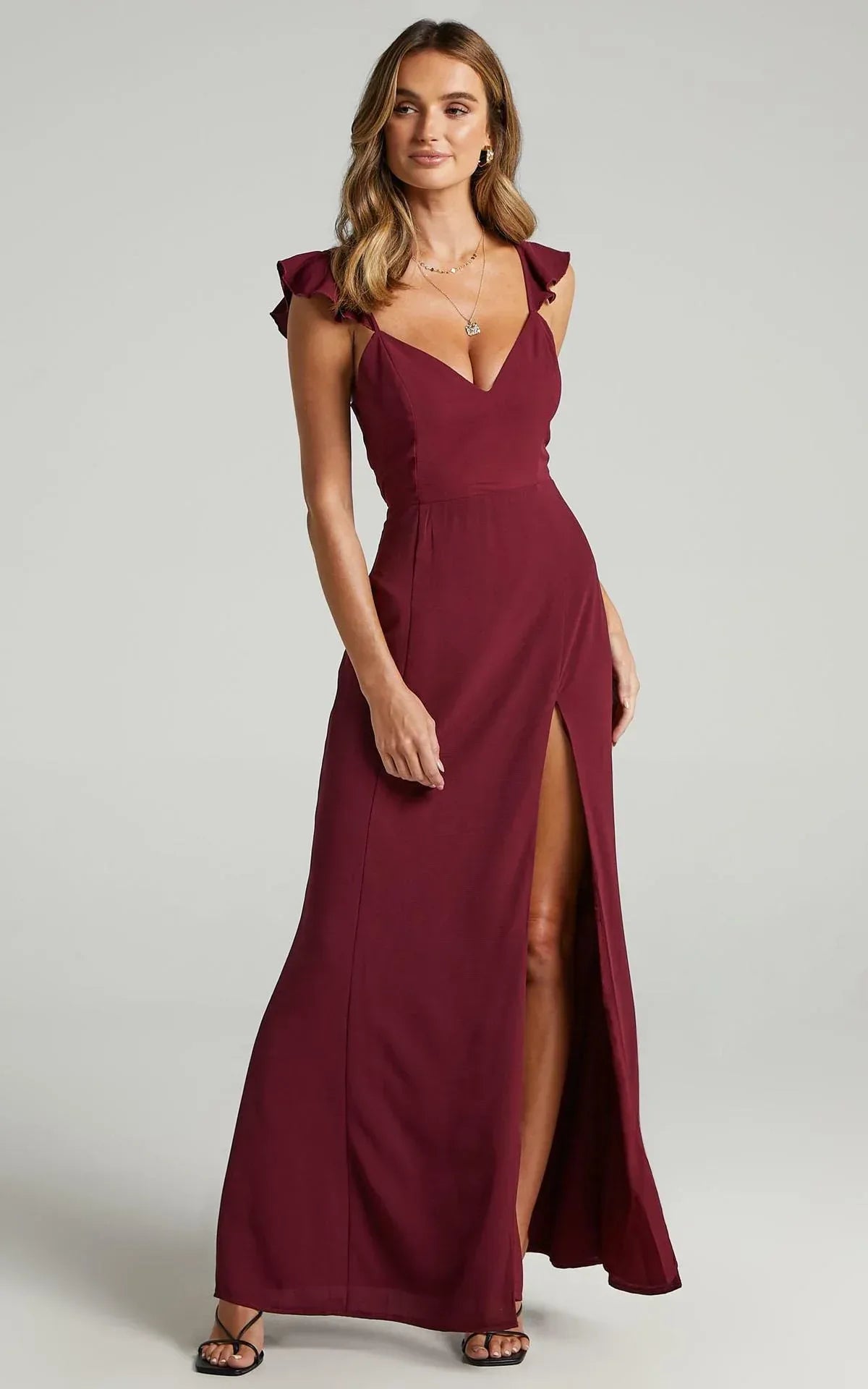 Women's Clothing Ruffled Spaghetti Straps Sleeveless High Waist Solid Color High Fork Solid Color Dress Dress - Viexta
