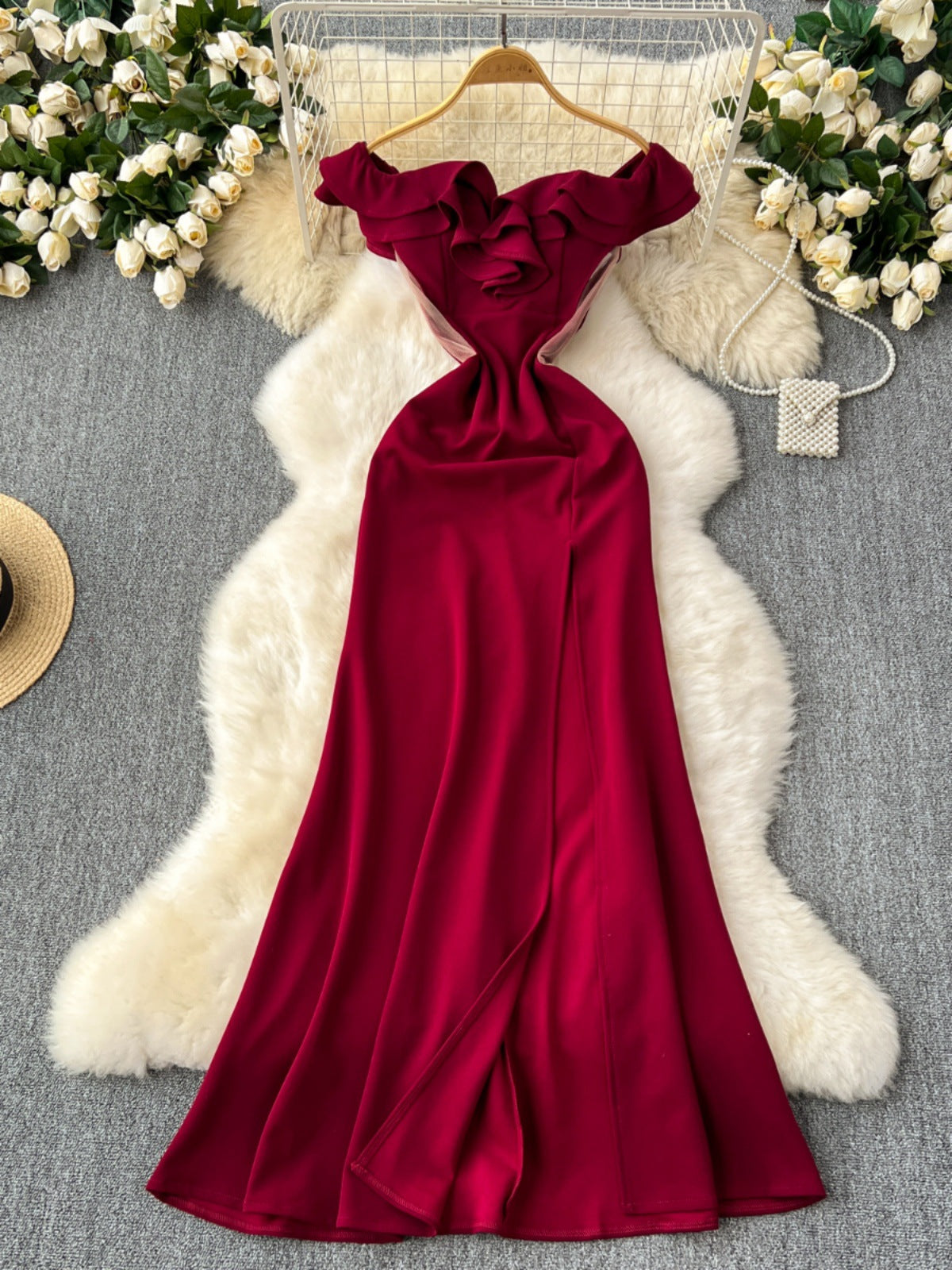 Ruffled Patchwork Waist-slimming High Slit Cocktail Dress