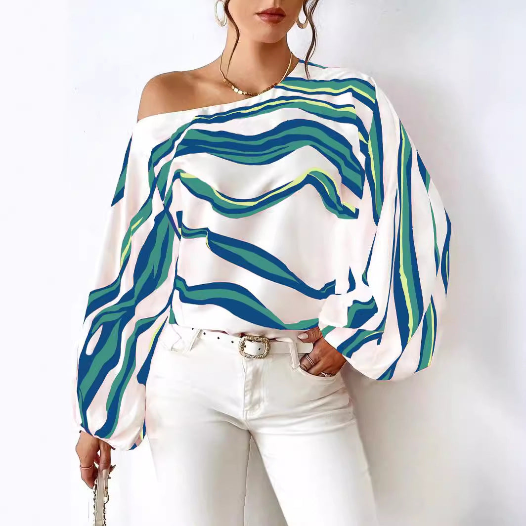 Off-neck Printed Loose-fitting Women's Top