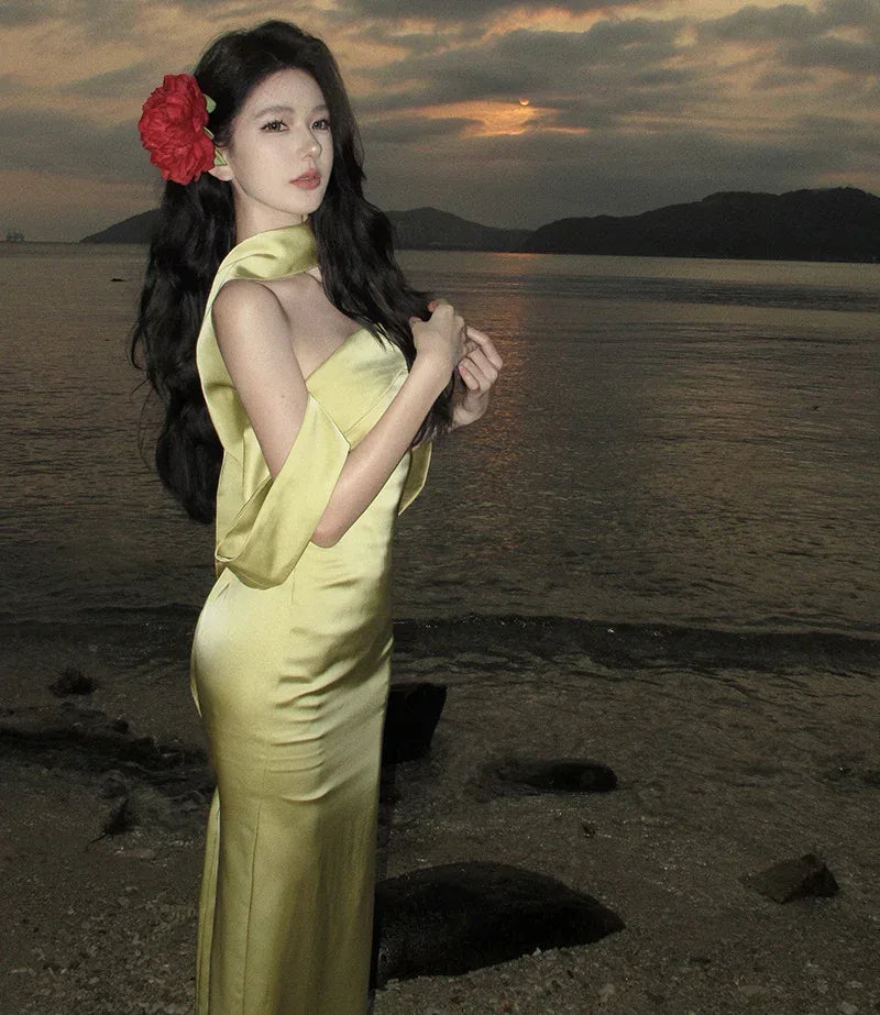 Acetate Satin Yellow Tube Dress withScarf - Viexta