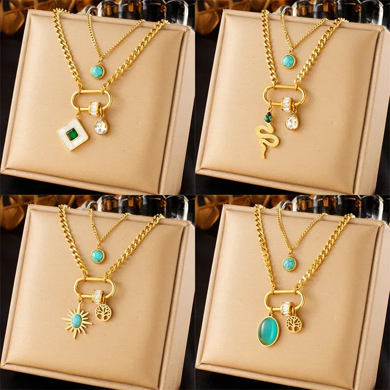 Double-layer Stainless Steel Turquoise Necklace - Viexta