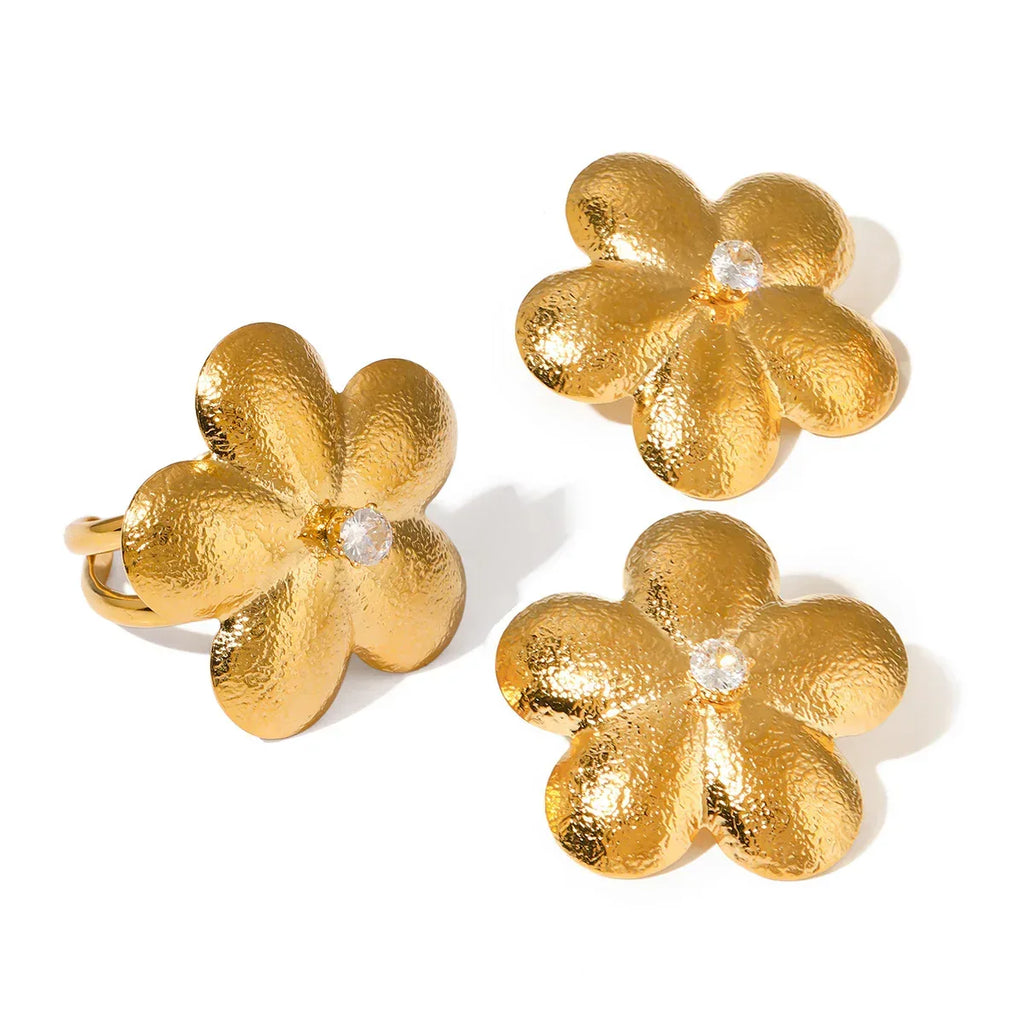 18K Stainless Steel Brushed Flower Rhinestone Earrings - Viexta
