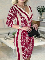 Geometric Pattern Three-quarter Sleeve Dress - Viexta
