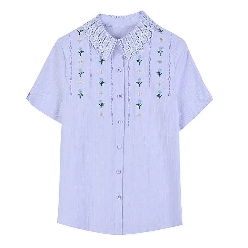 Cotton Embroidered Short-sleeved Top - Viexta