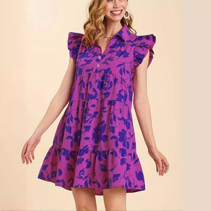 Women's V-neck Flounce Magenta Floral Dress