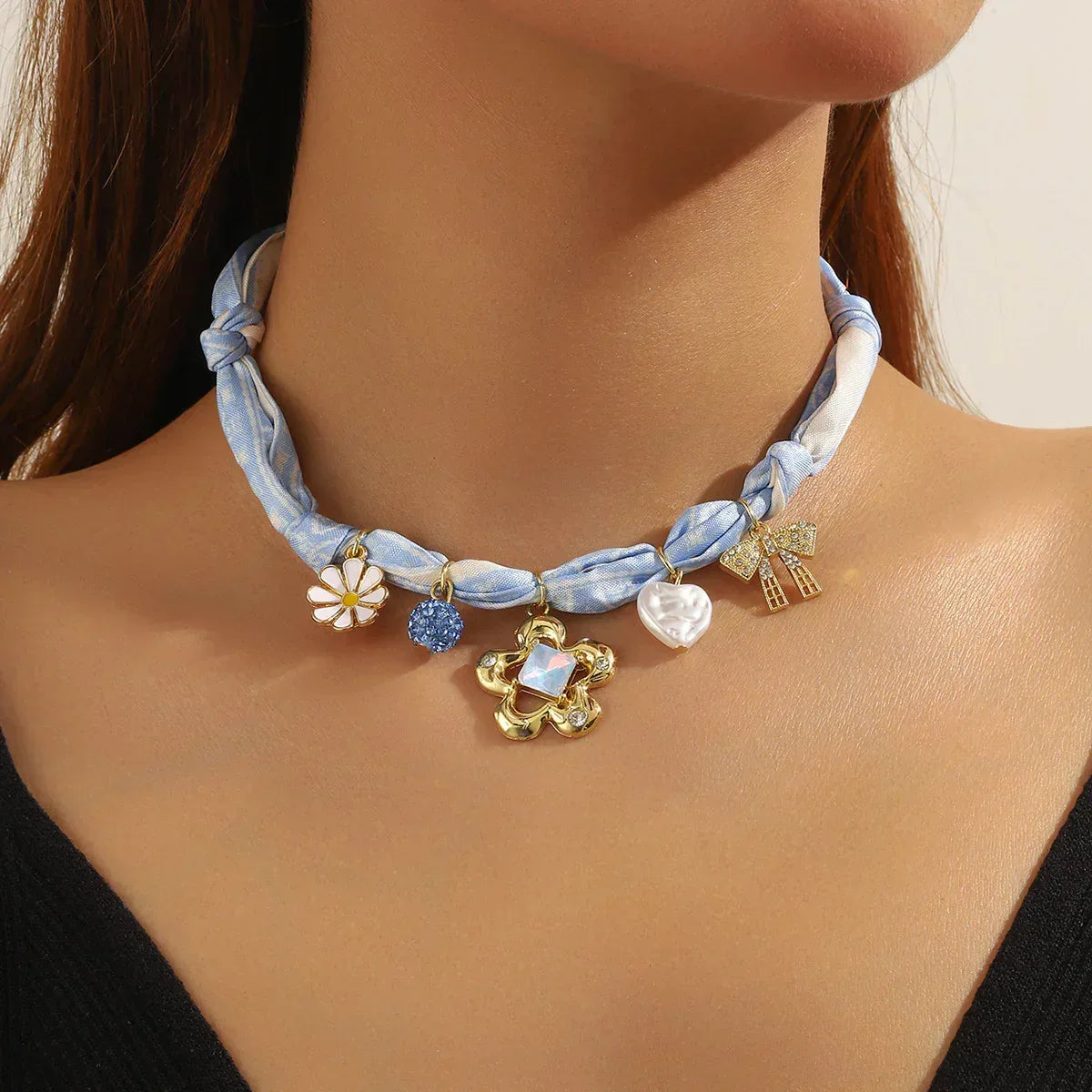 Summer Scarf Necklace Multi-pendant Pearl Silk Scarf Necklace - Viexta