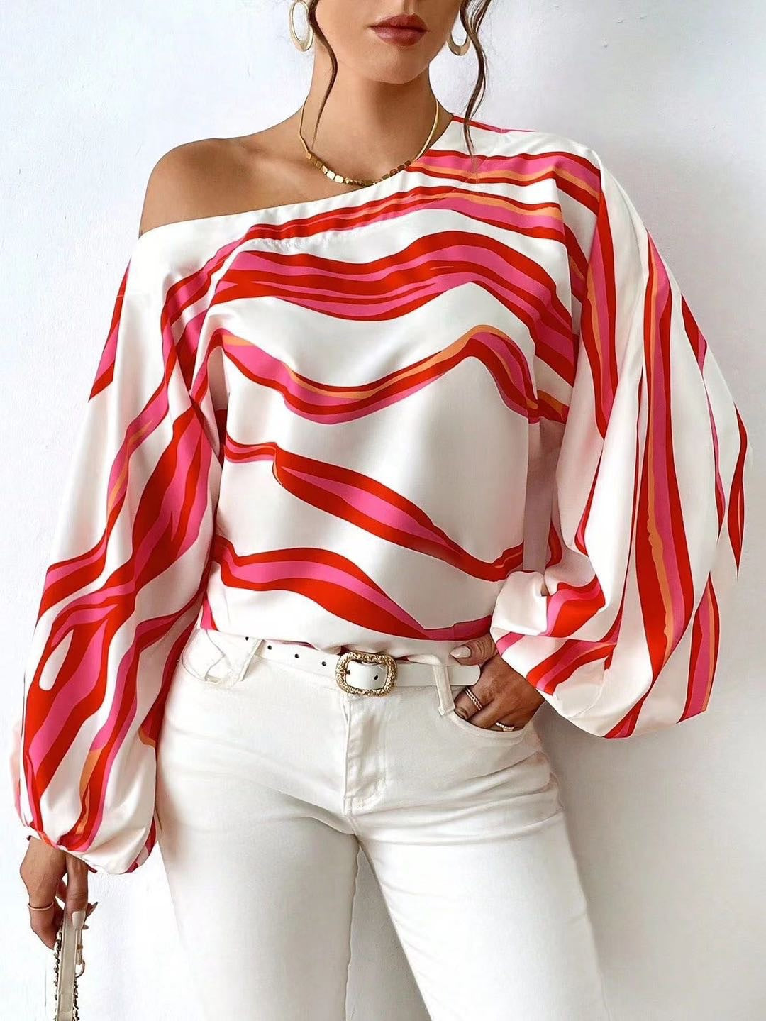 Off-neck Printed Loose-fitting Women's Top