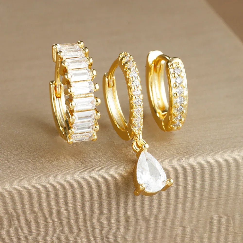 3piece Water Drop Diamond Gold Plated Earrings with Helix - Viexta