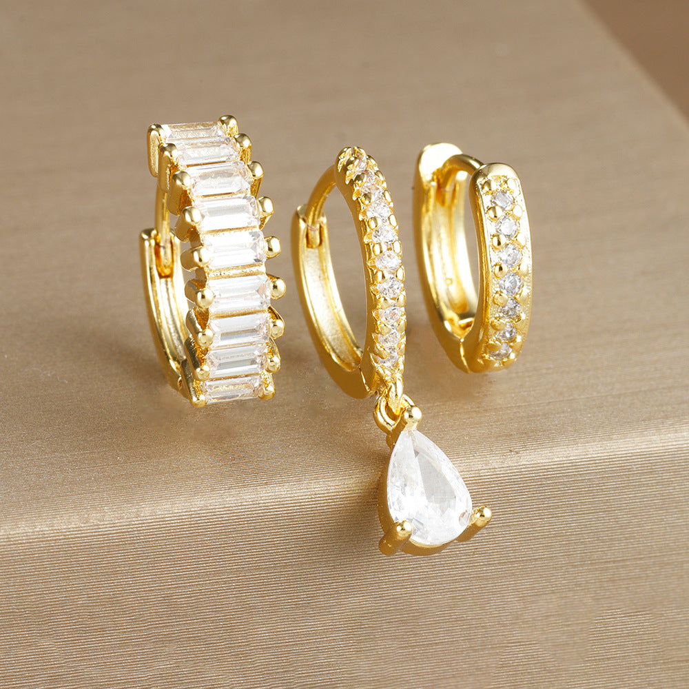 3piece Water Drop Diamond Gold Plated Earrings with Helix