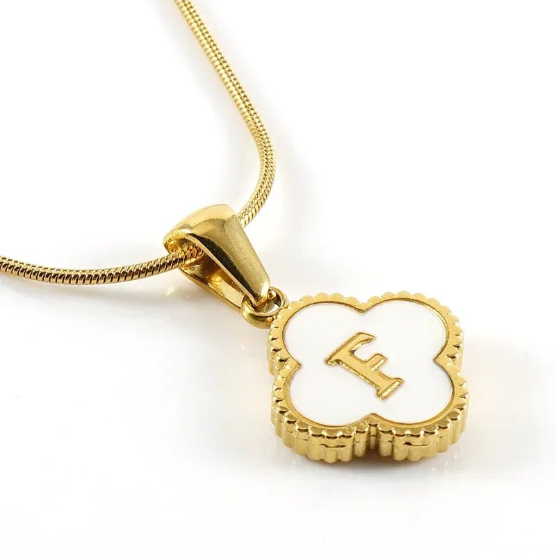Stainless Steel Clover Shell Letter Pendant with Chain - Viexta
