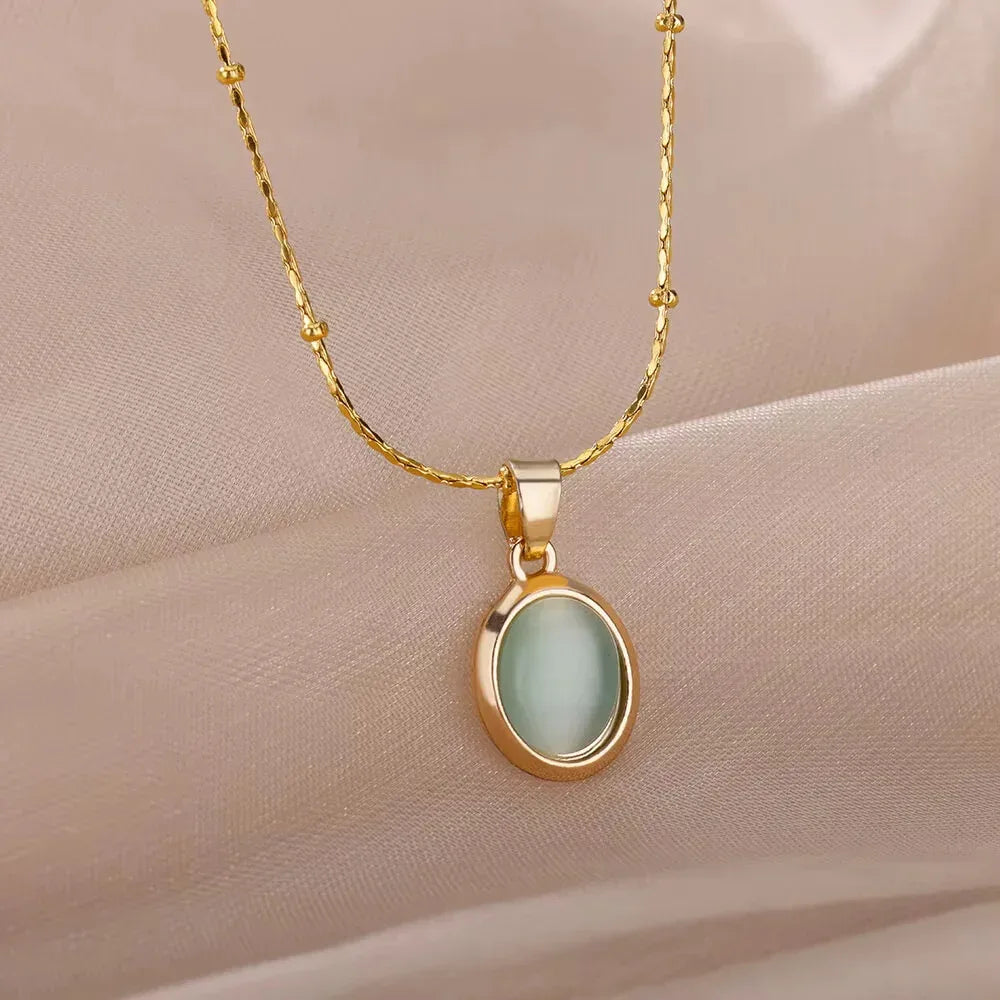 Oval Cat's Eye Pendant Titanium Steel Necklace - Viexta