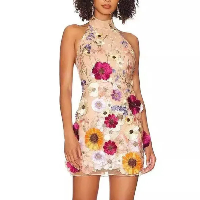 Embroidery Three-dimensional Flower Slim Fit Dress - Viexta