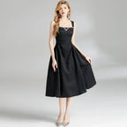Rhinestone French Slim Fit Waist Dress - Viexta
