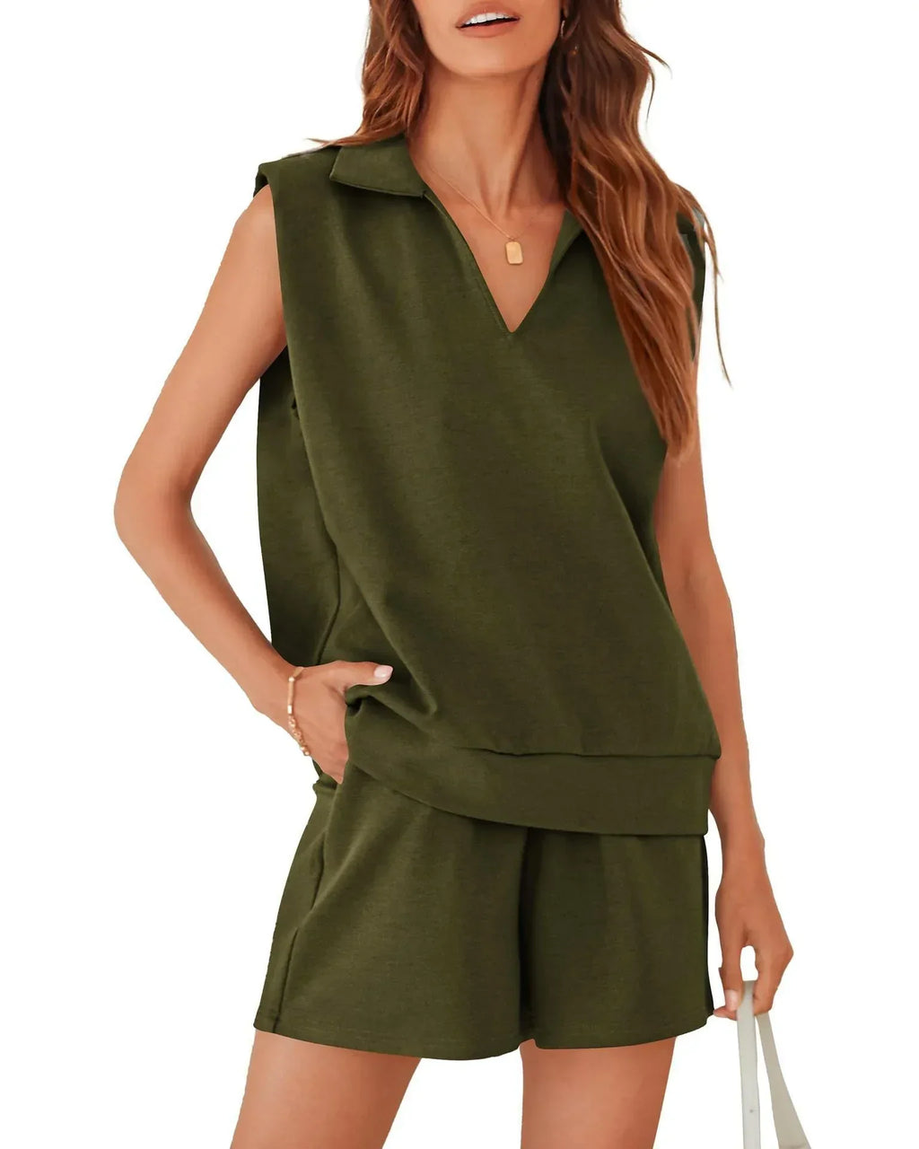 Solid Sleeveless V-neck T-shirt with Shorts Suit - Viexta