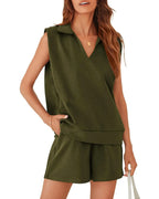 Solid Sleeveless V-neck T-shirt with Shorts Suit - Viexta