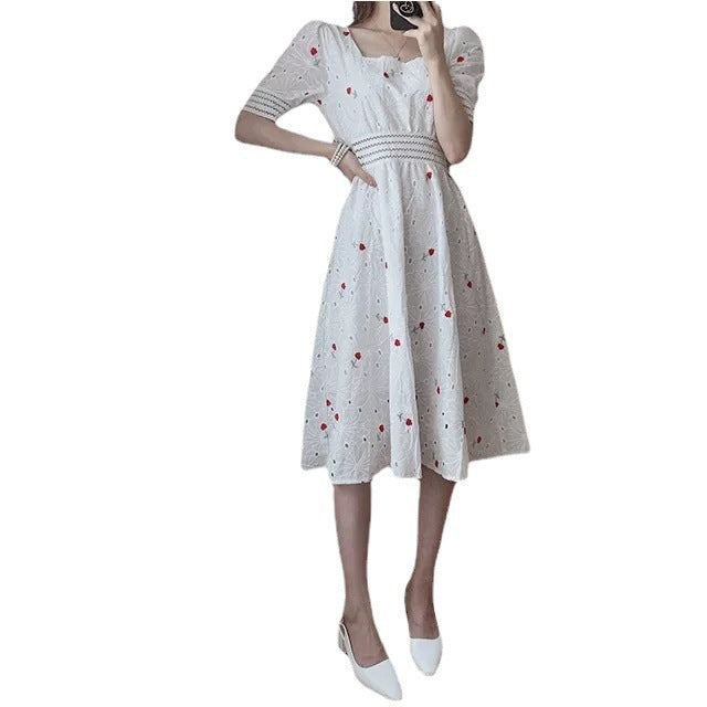 French Salt Square Collar Embroidery Floral Mid-length Dress