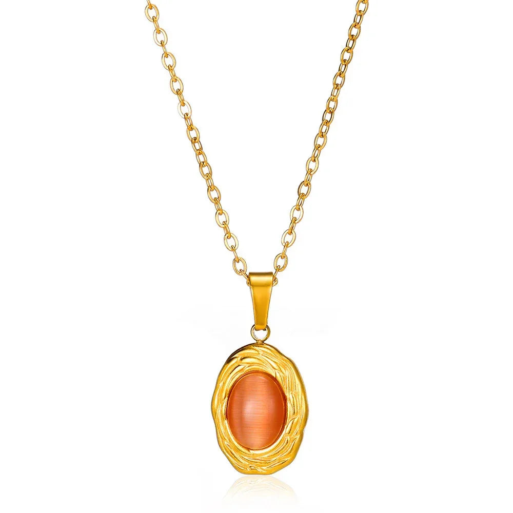 Oval Cat's Eye Pendant Titanium Steel Necklace - Viexta