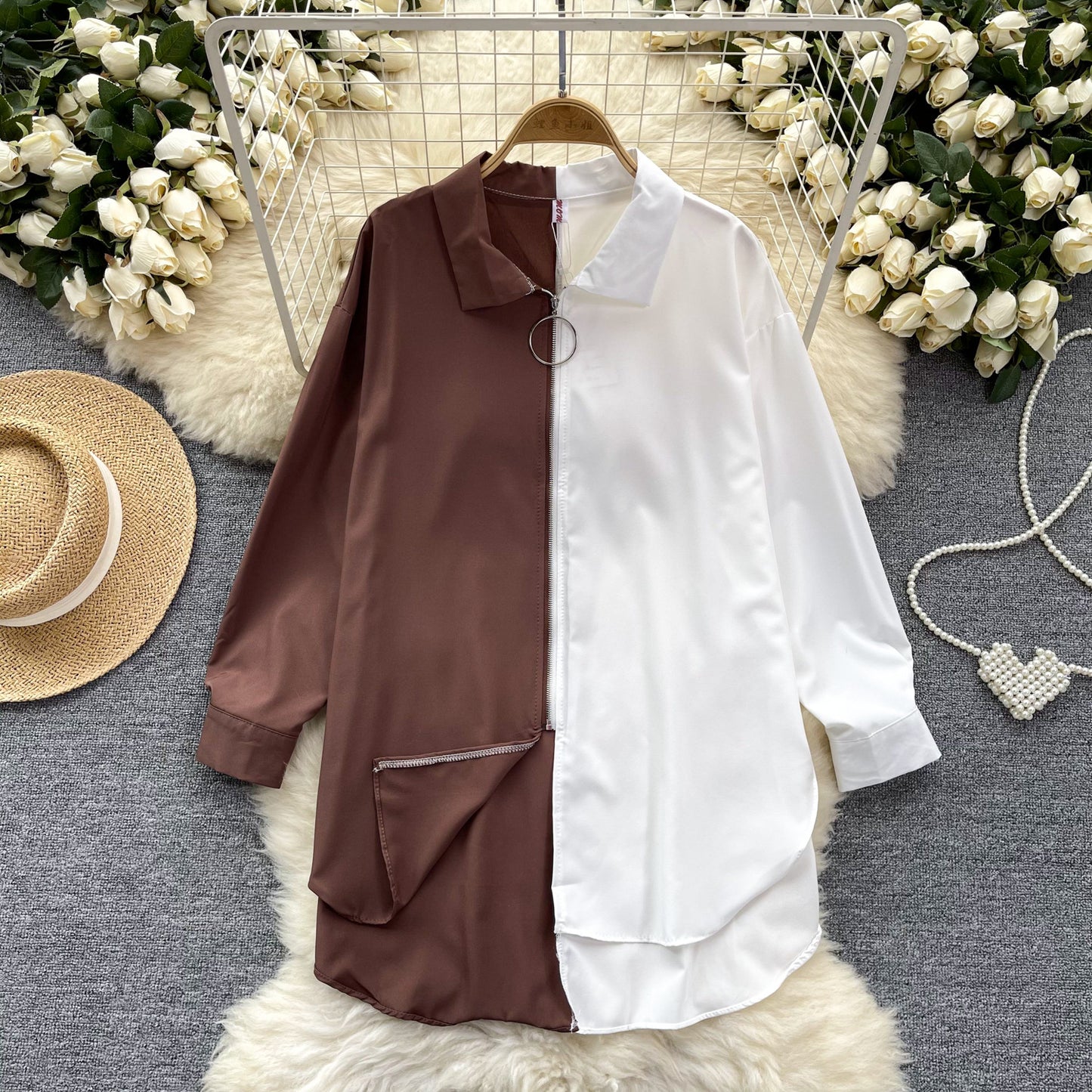 Idle Style Mid-length Color Matching Shirt