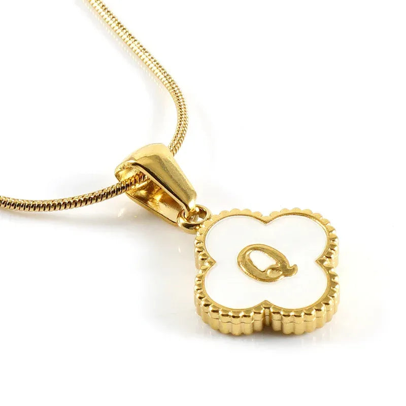 Stainless Steel Clover Shell Letter Pendant with Chain - Viexta