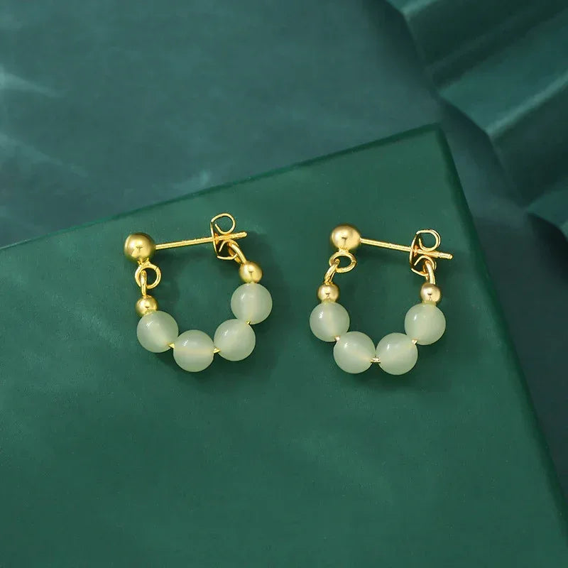 Retro Green Beads String Stud Earrings - Viexta