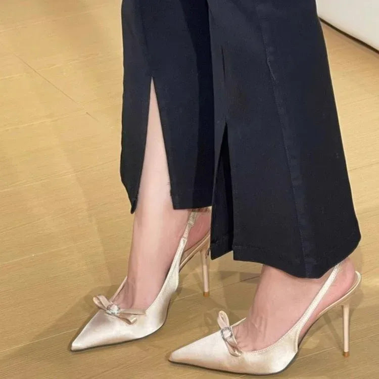 Stiletto Nude Color Low-cut Bowknot Pointed Heels - Viexta