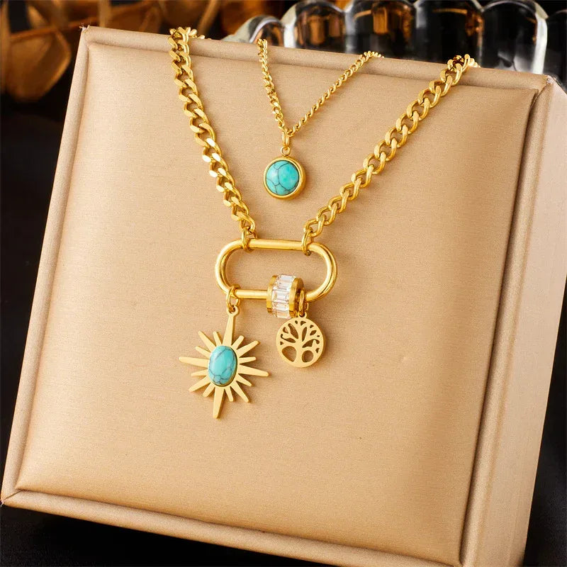 Double-layer Stainless Steel Turquoise Necklace - Viexta