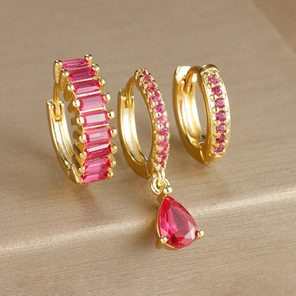 3piece Water Drop Diamond Gold Plated Earrings with Helix - Viexta