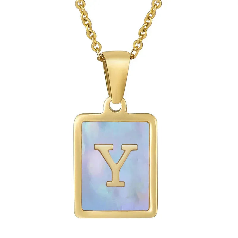 Titanium Steel 26 English Letter Blue Shell Necklace - Viexta