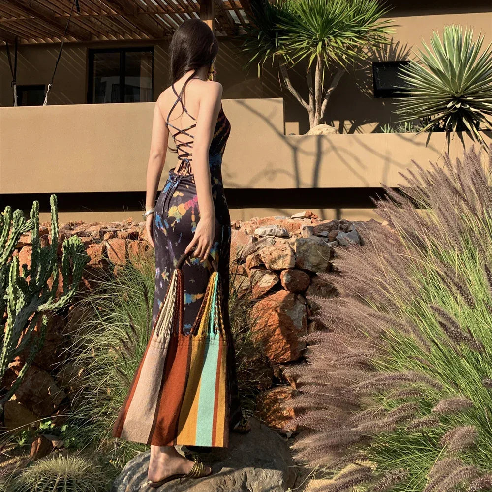 Backless Strap Gradient Dress - Viexta