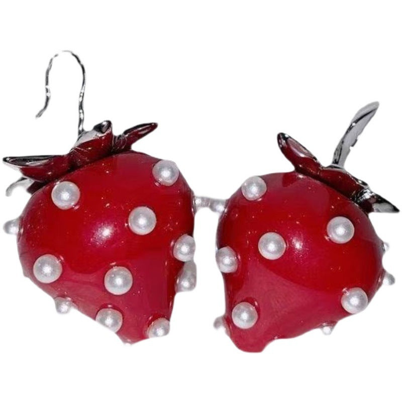 Small Tea Red Strawberry Pearl Resin Earrings