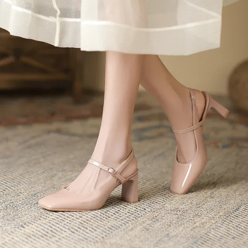 French Retro Square Toe High Heels - Viexta