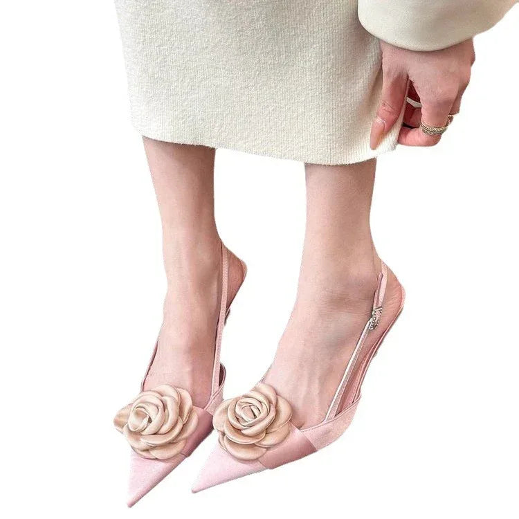 Satin Rose High Heels With Pointed Toes - Viexta