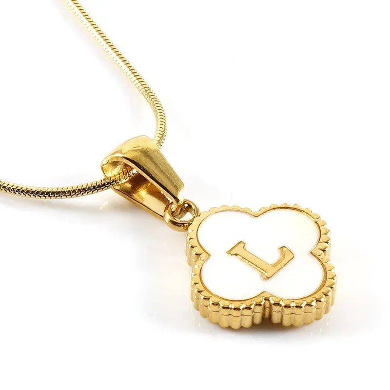 Stainless Steel Clover Shell Letter Pendant with Chain - Viexta