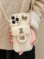 Metal Bow Bear Rhombus Card Holder iPhone Case