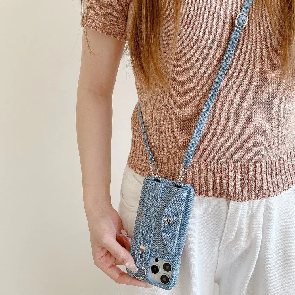 Leather Denim Pattern Wrist Strap iPhone Case - Viexta