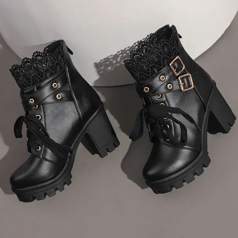 Princess Lace Up Belt Buckle Boots - Viexta