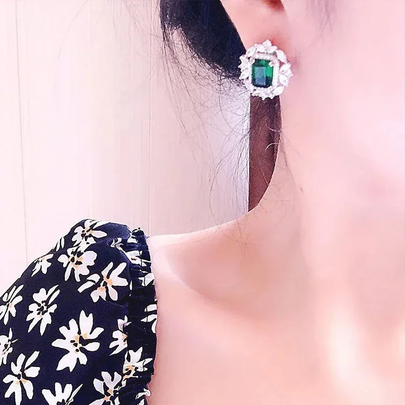 Full Diamond Inlaid Rectangular Rhinestone Flower Ear Studs - Viexta