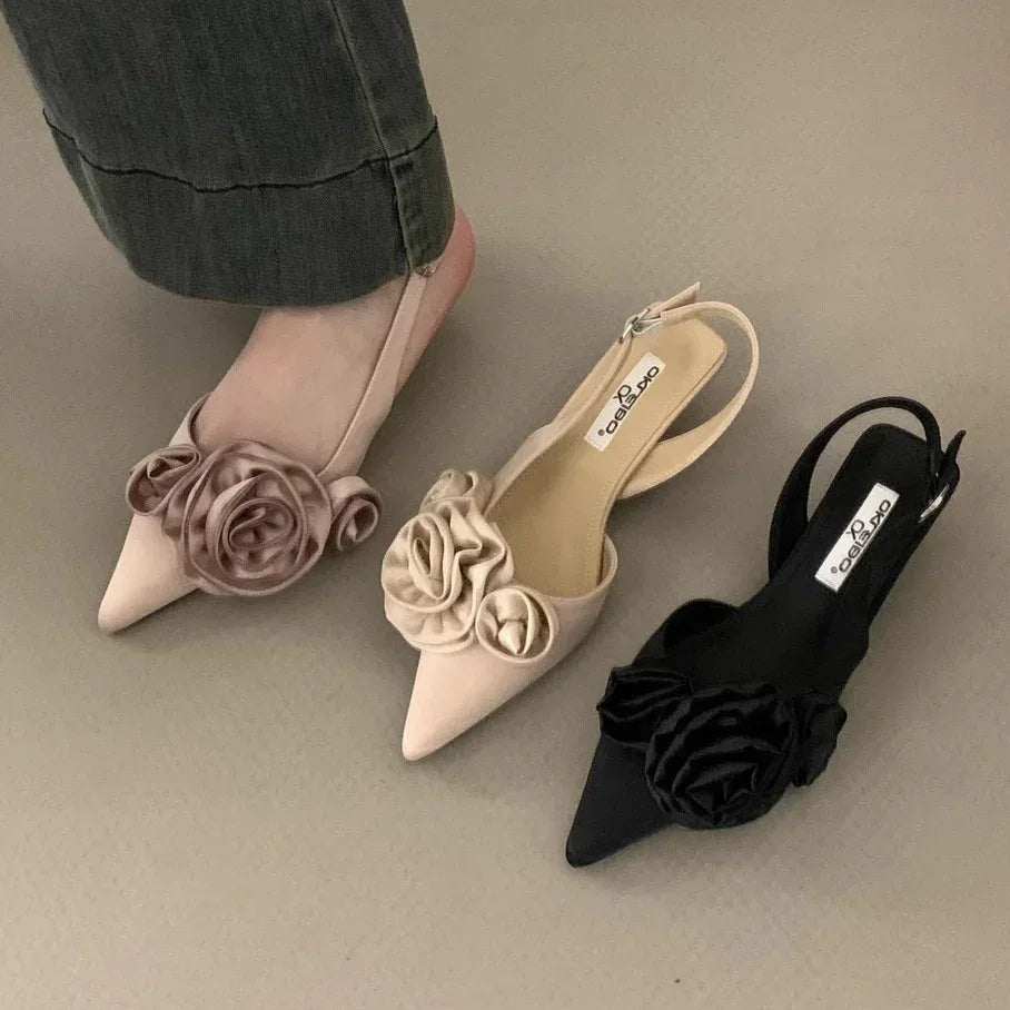 Flower Black Closed Toe Fairy Heels - Viexta