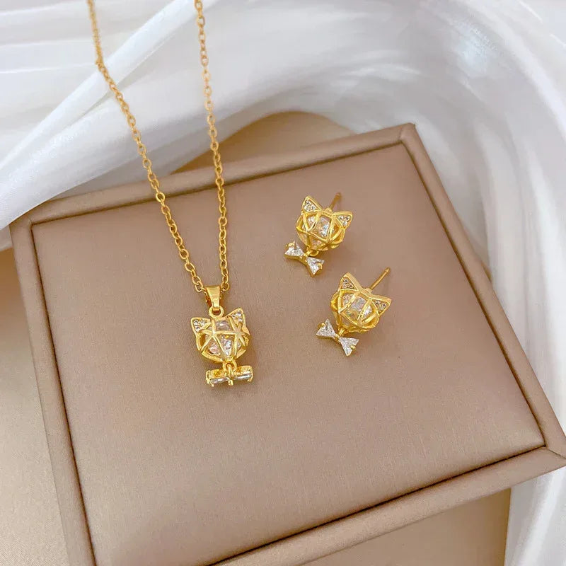 Full Diamond Bow Cat Earrings - Viexta