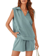Solid Sleeveless V-neck T-shirt with Shorts Suit - Viexta