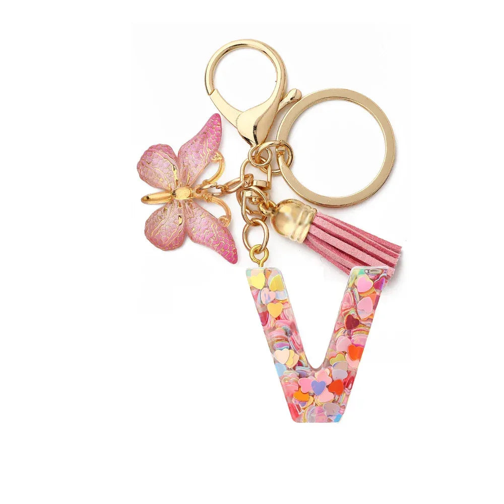 Resin English Letter Epoxy Butterfly Pendant Key Ring - Viexta