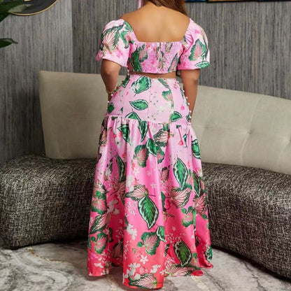 Casual Wild Leaves Gradient Printing Two-piece Dress