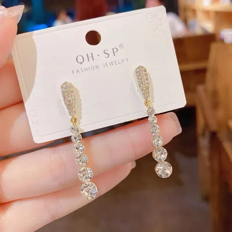 Sterling Silver Rhinestone Tassel Earrings - Viexta