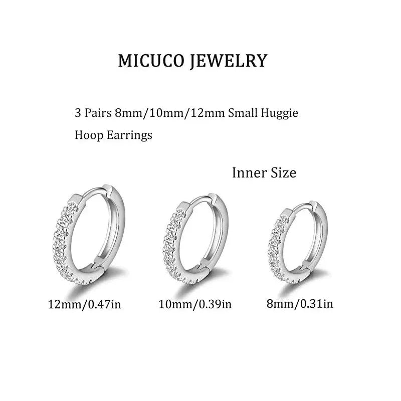 Three Pairs S925 Sterling Silver Huggies - Viexta
