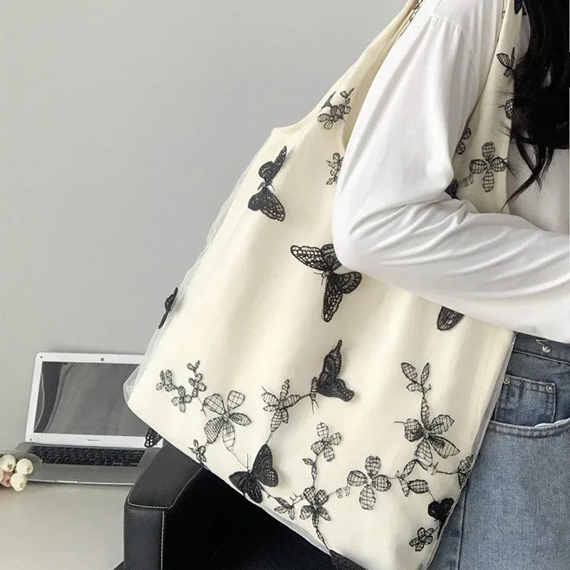 Embroidered Black Butterfly Canvas Bag - Viexta