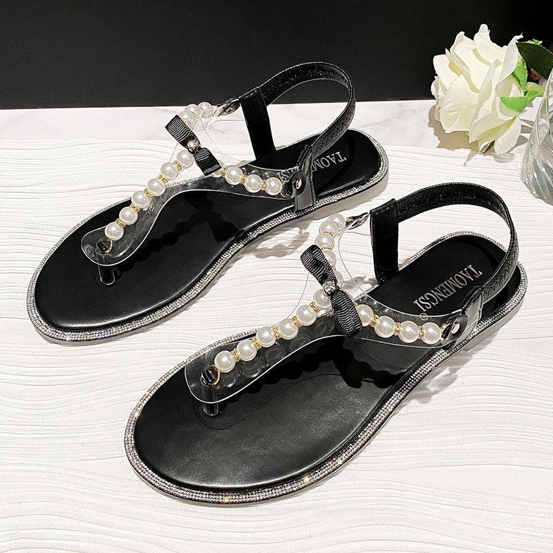 Rhinestone Flat Sandals With Pearl Toe - Viexta