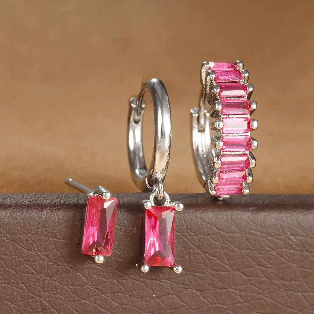3 piece set Rectangular Zircon Earrings - Viexta
